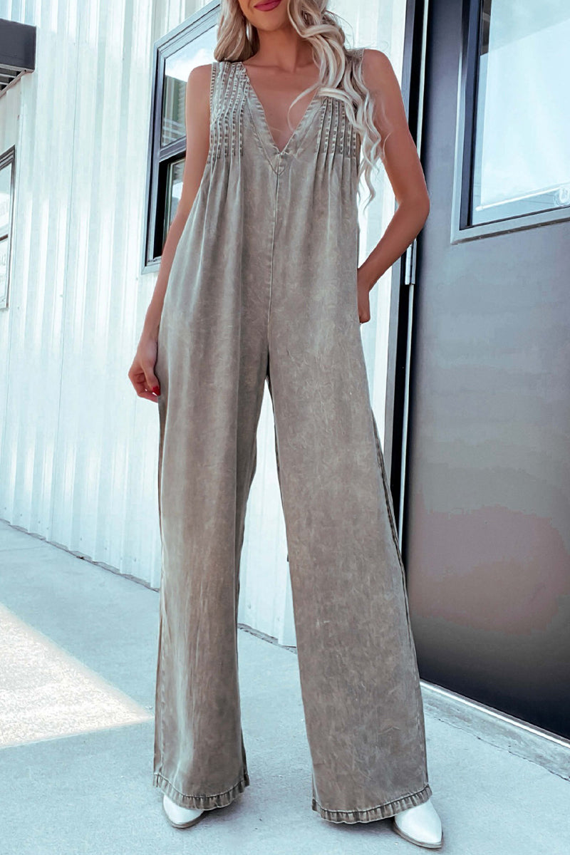 Distressed Pocket Adjustable V Neck Loose Jumpsuits