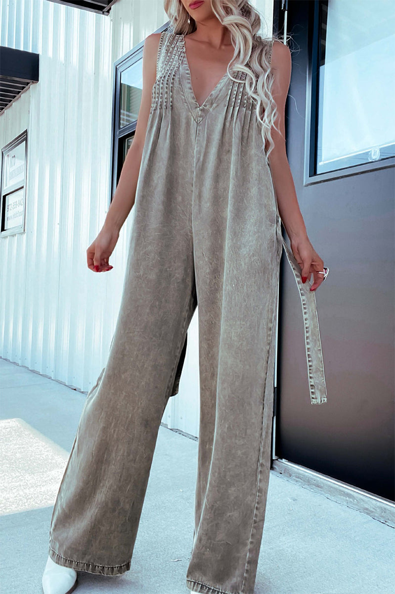 Distressed Pocket Adjustable V Neck Loose Jumpsuits