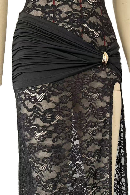 Lace Hollow Out Slit O Neck One Step Skirt Dresses