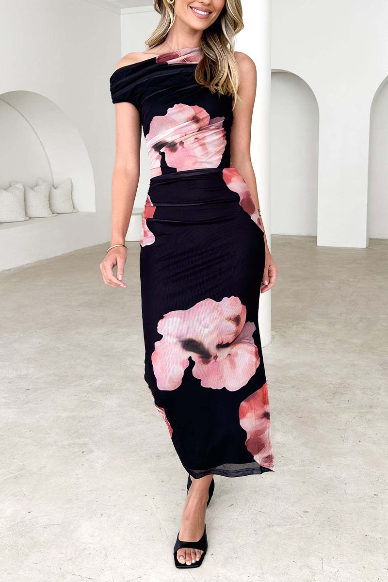 Flowers Contrast Sloping Shoulder Wrapped Skirt Dresses