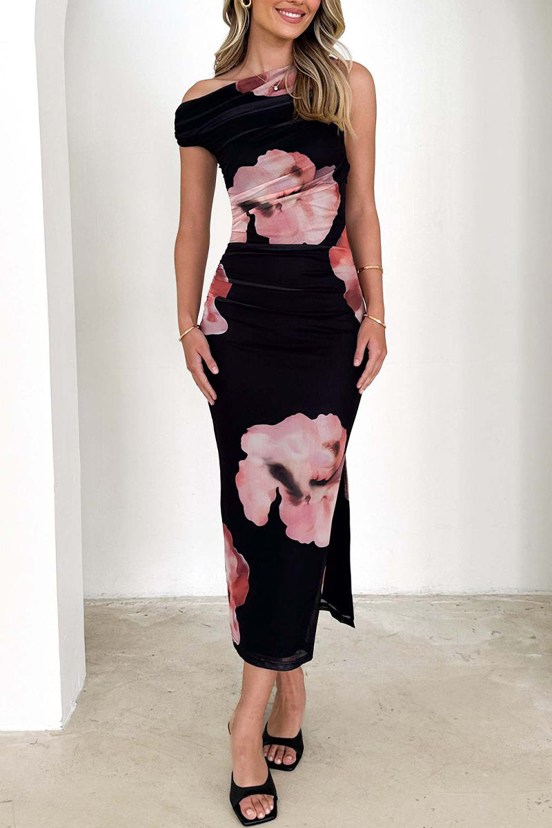 Flowers Contrast Sloping Shoulder Wrapped Skirt Dresses