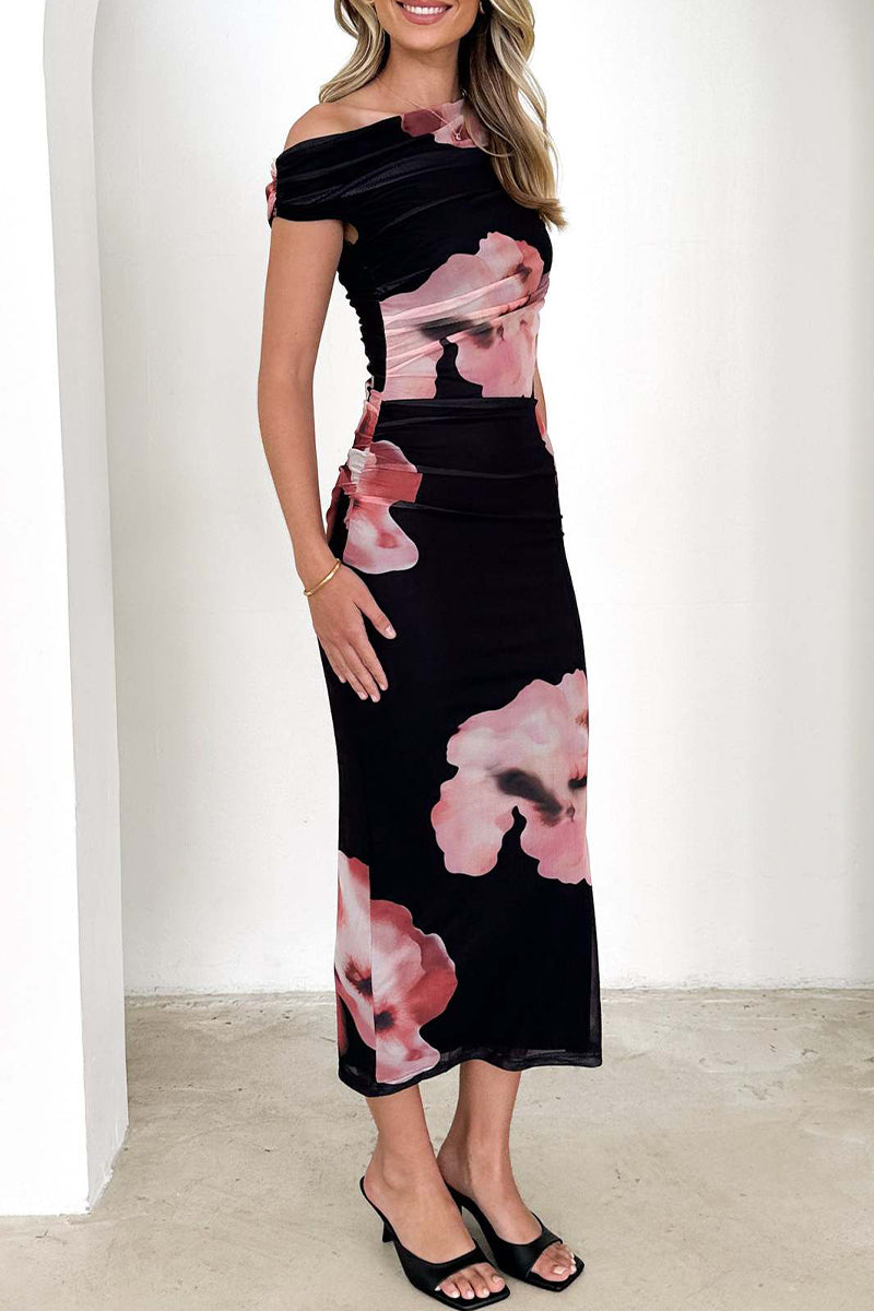 Flowers Contrast Sloping Shoulder Wrapped Skirt Dresses