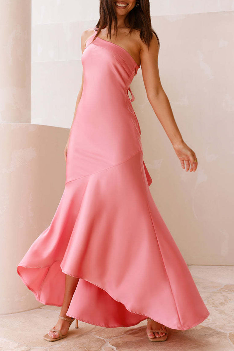 Ruffle Sloping Shoulder Long Dresses