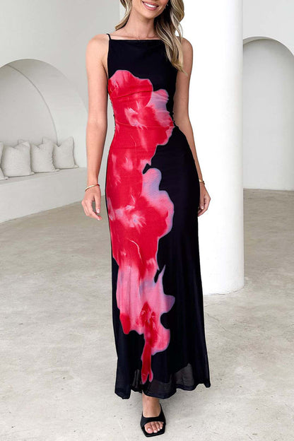Flowers Backless Contrast Square Neck Long Dresses