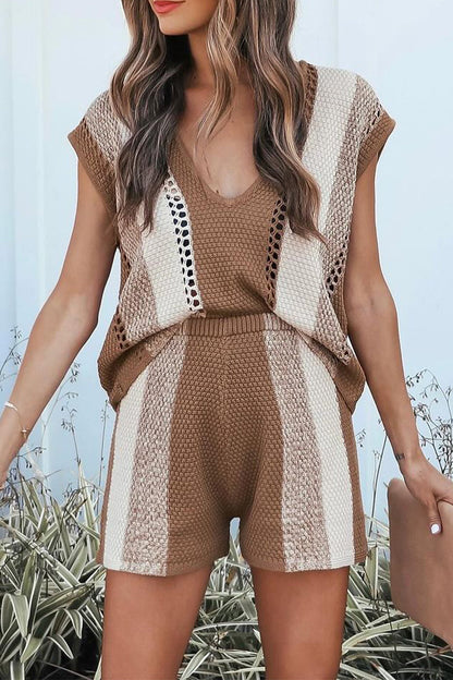 Stripe Weave Contrast V Neck Short Sleeve Two Pieces