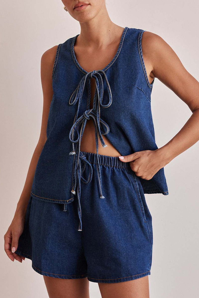 Lace Up O Neck Sleeveless Two Pieces