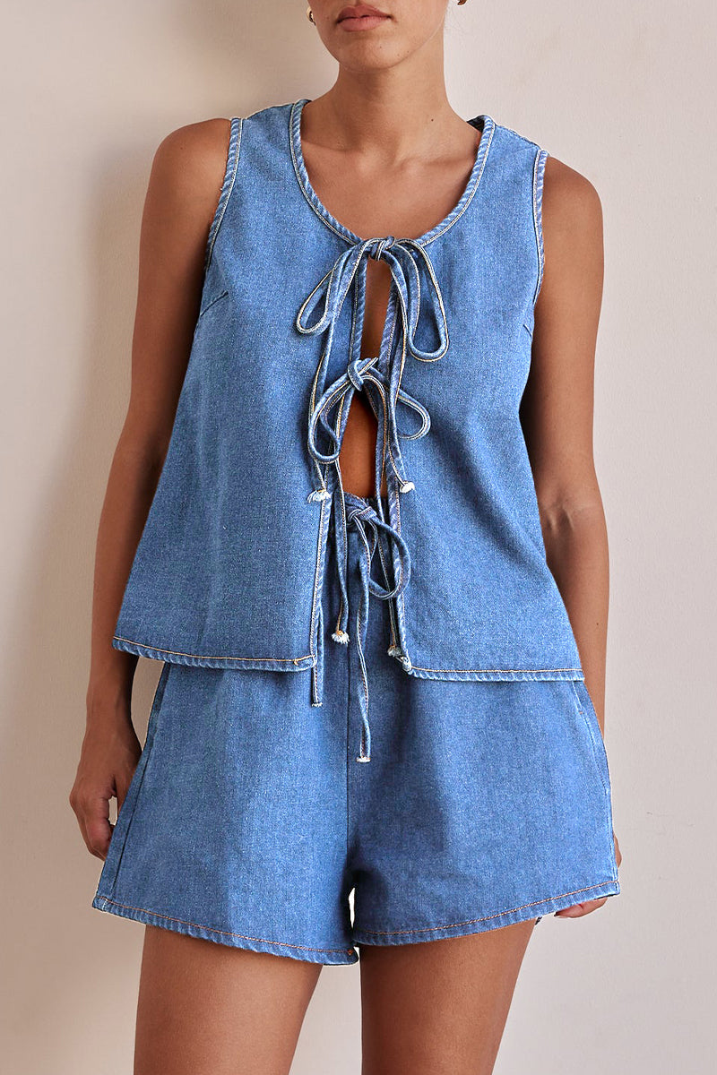 Lace Up O Neck Sleeveless Two Pieces