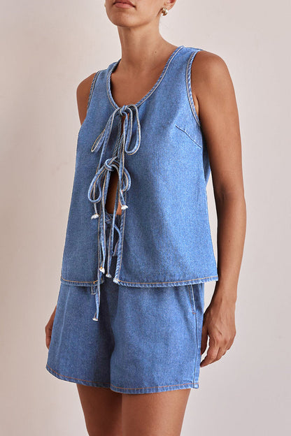 Lace Up O Neck Sleeveless Two Pieces