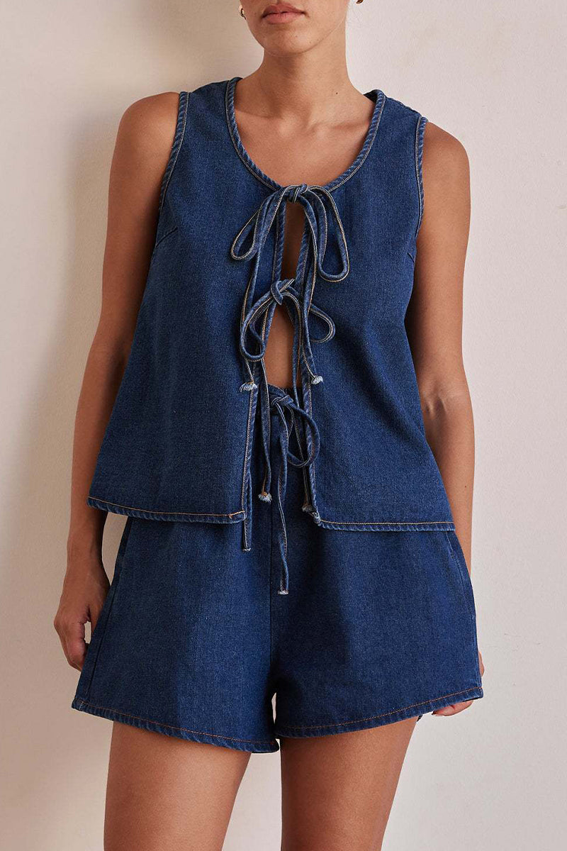 Lace Up O Neck Sleeveless Two Pieces