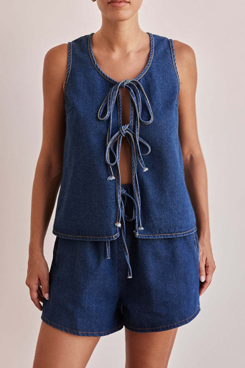 Lace Up O Neck Sleeveless Two Pieces