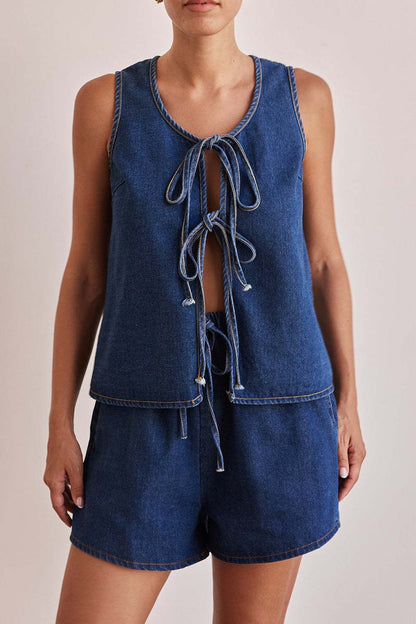 Lace Up O Neck Sleeveless Two Pieces