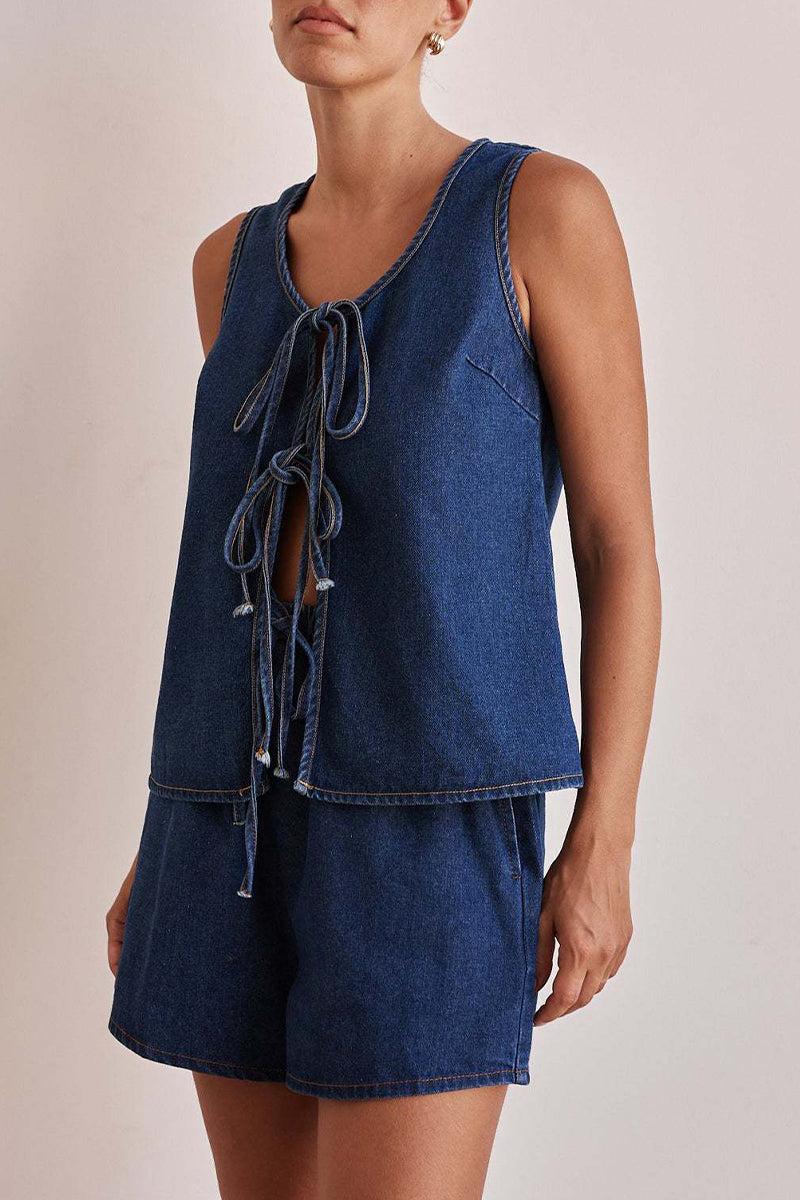 Lace Up O Neck Sleeveless Two Pieces