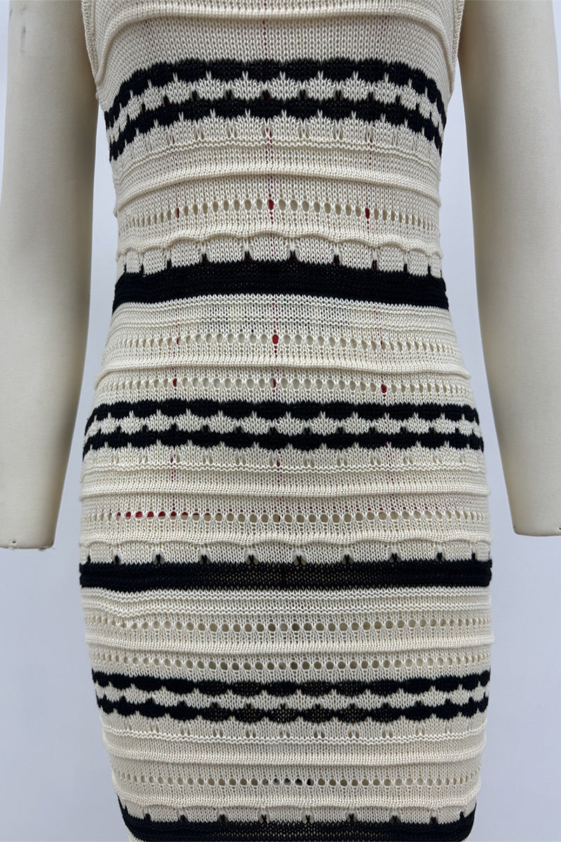 Stripe Weave Contrast U Neck One Step Skirt Dresses