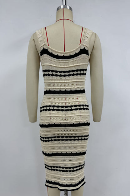 Stripe Weave Contrast U Neck One Step Skirt Dresses