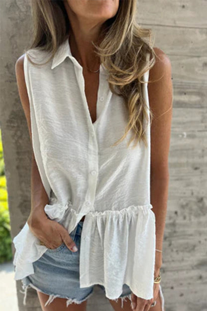 Buttons Pleated Flounce Turndown Collar Blouses(3 Colors)