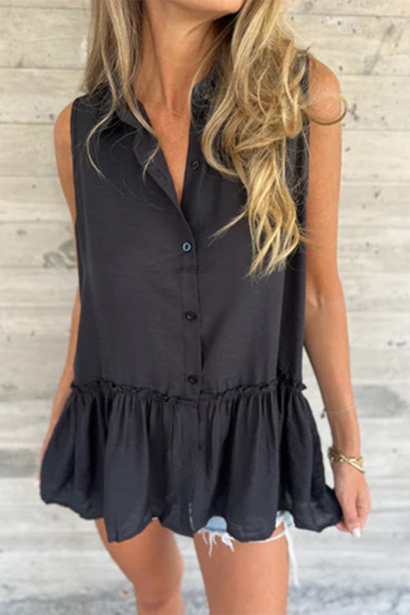 Buttons Pleated Flounce Turndown Collar Blouses(3 Colors)