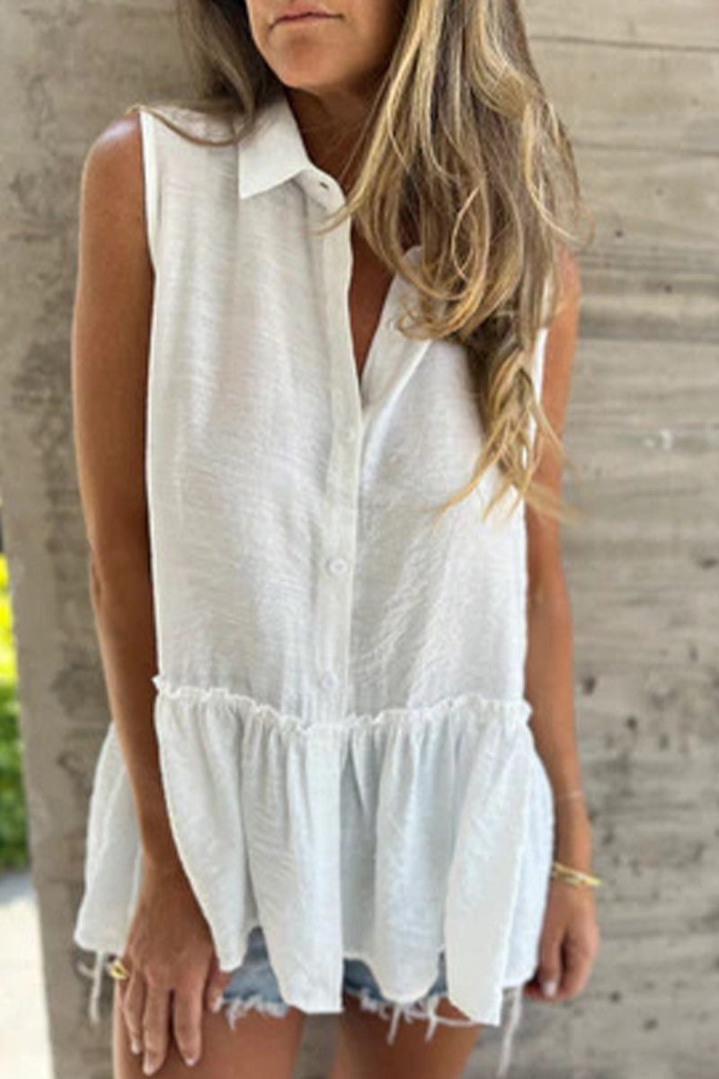 Buttons Pleated Flounce Turndown Collar Blouses(3 Colors)