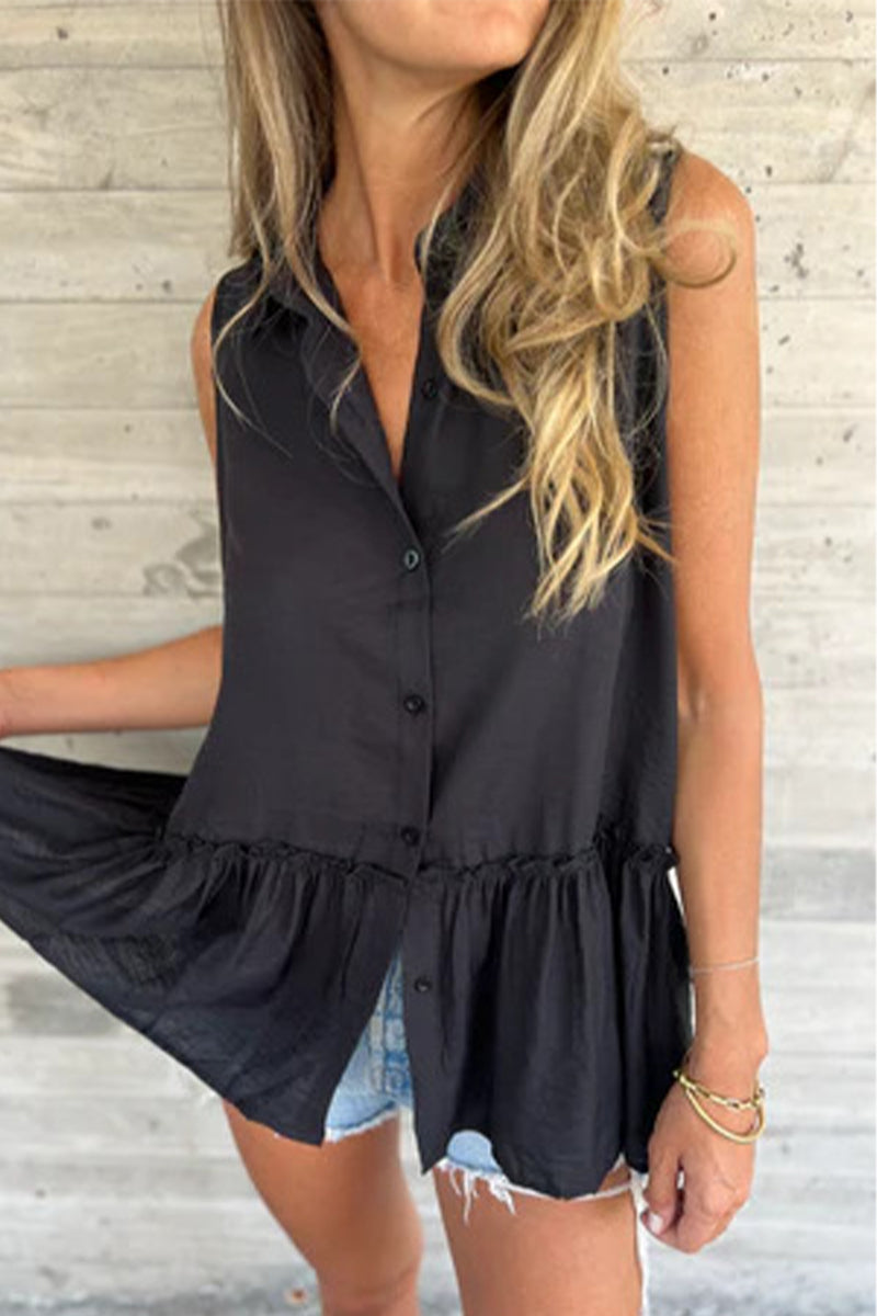 Buttons Pleated Flounce Turndown Collar Blouses(3 Colors)