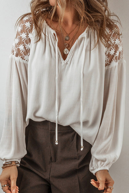 Lace Lace Up Patchwork V Neck Blouses