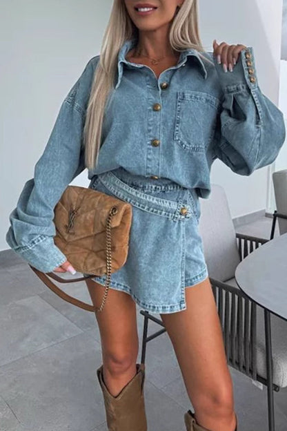Buttons Irregular Turndown Collar Long Sleeve Two Pieces