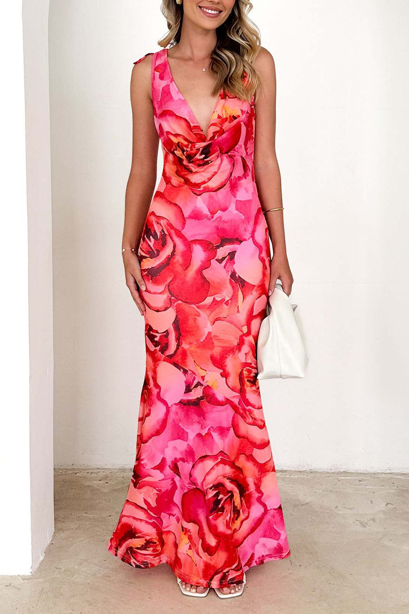 Print Lace Up Backless Contrast V Neck Long Dresses