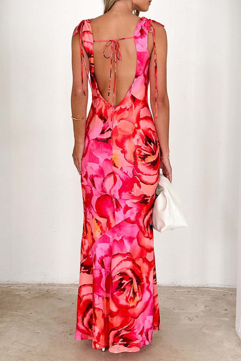 Print Lace Up Backless Contrast V Neck Long Dresses
