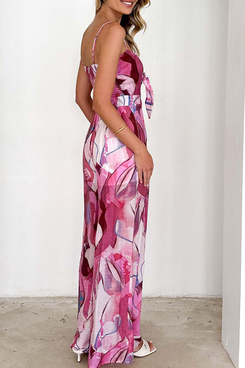 Print Pocket Contrast V Neck Loose Jumpsuits