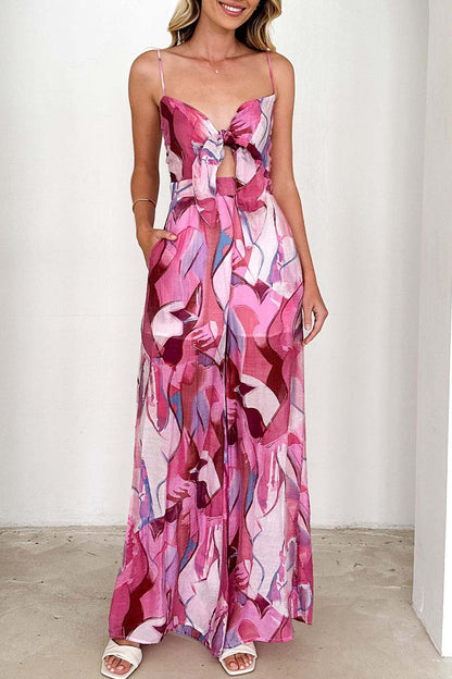 Print Pocket Contrast V Neck Loose Jumpsuits