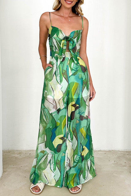 Print Pocket Contrast V Neck Loose Jumpsuits