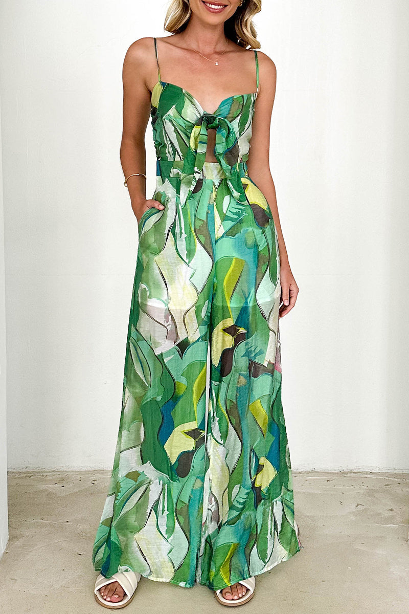 Print Pocket Contrast V Neck Loose Jumpsuits