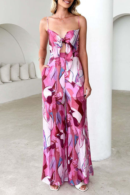 Print Pocket Contrast V Neck Loose Jumpsuits