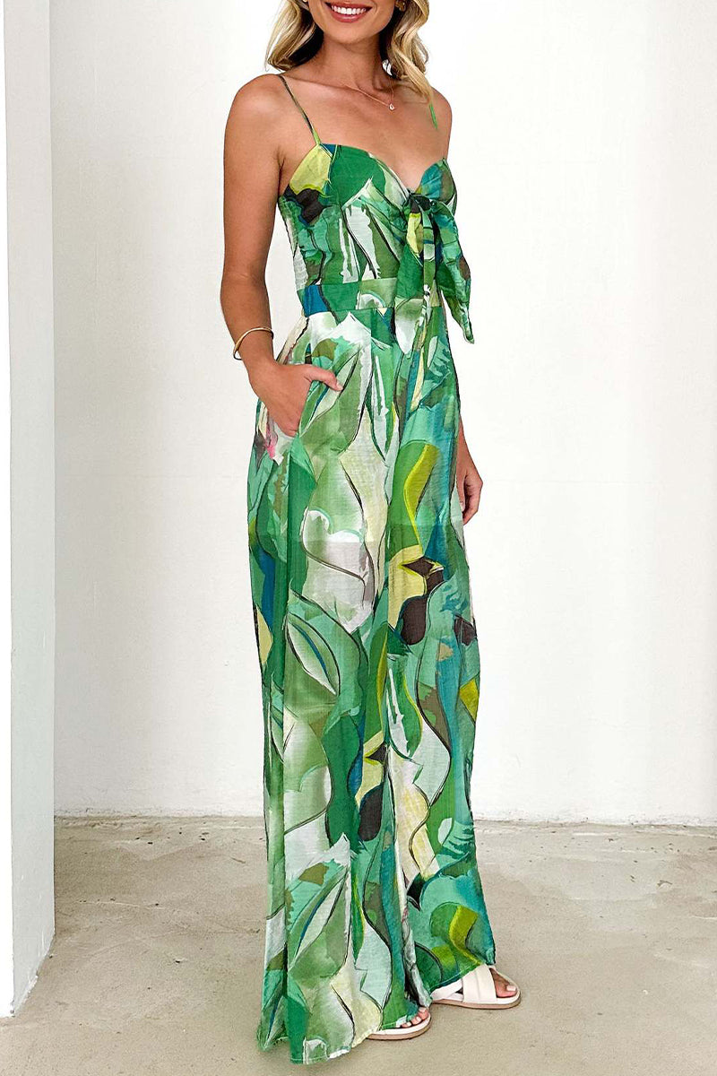 Print Pocket Contrast V Neck Loose Jumpsuits