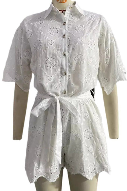 Embroidered Hollow Out Turndown Collar Loose Rompers