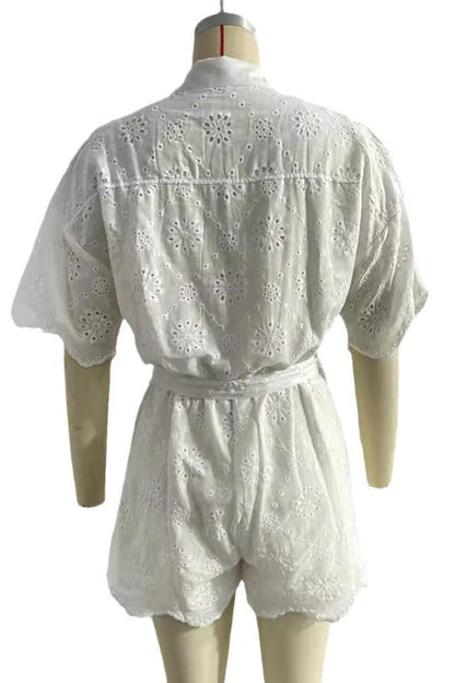 Embroidered Hollow Out Turndown Collar Loose Rompers