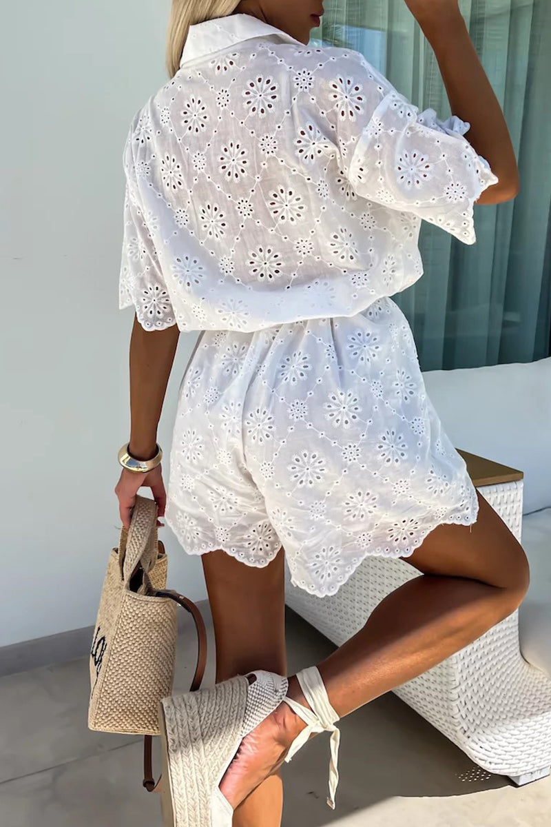 Embroidered Hollow Out Turndown Collar Loose Rompers
