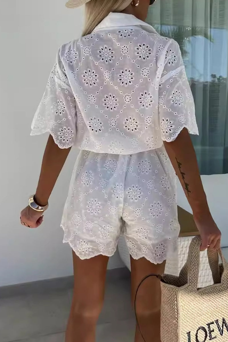 Embroidered Hollow Out Turndown Collar Loose Rompers