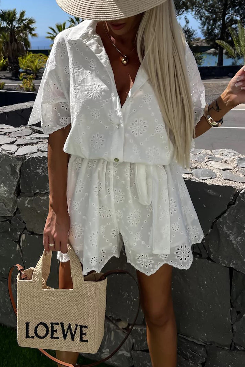 Embroidered Hollow Out Turndown Collar Loose Rompers