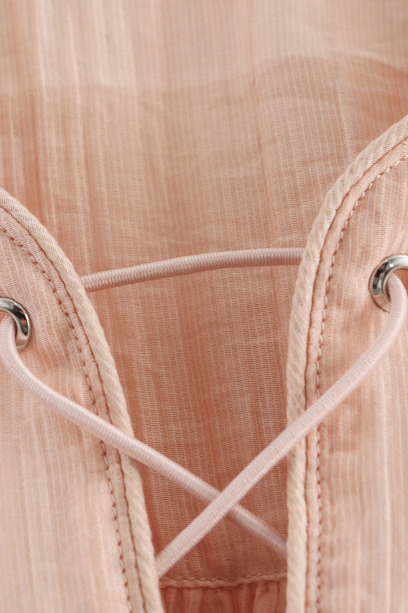 Color Lace Up O Neck Blouses