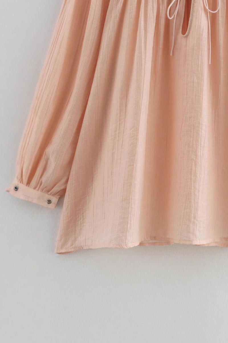 Color Lace Up O Neck Blouses
