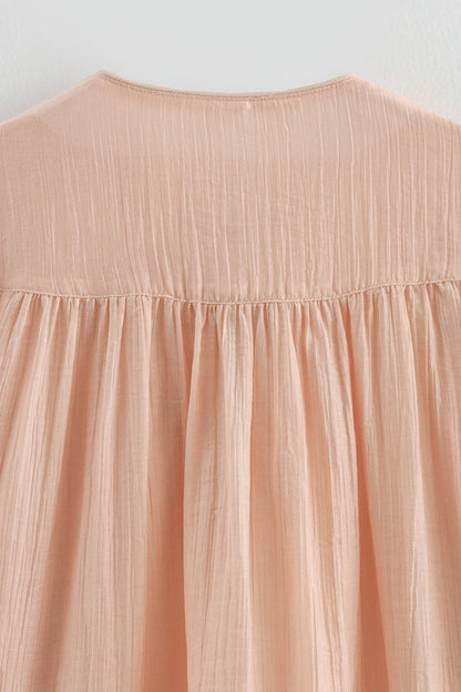 Color Lace Up O Neck Blouses