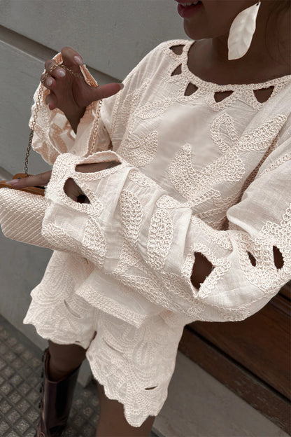 Embroidered Hollow Out O Neck Long Sleeve Two Pieces