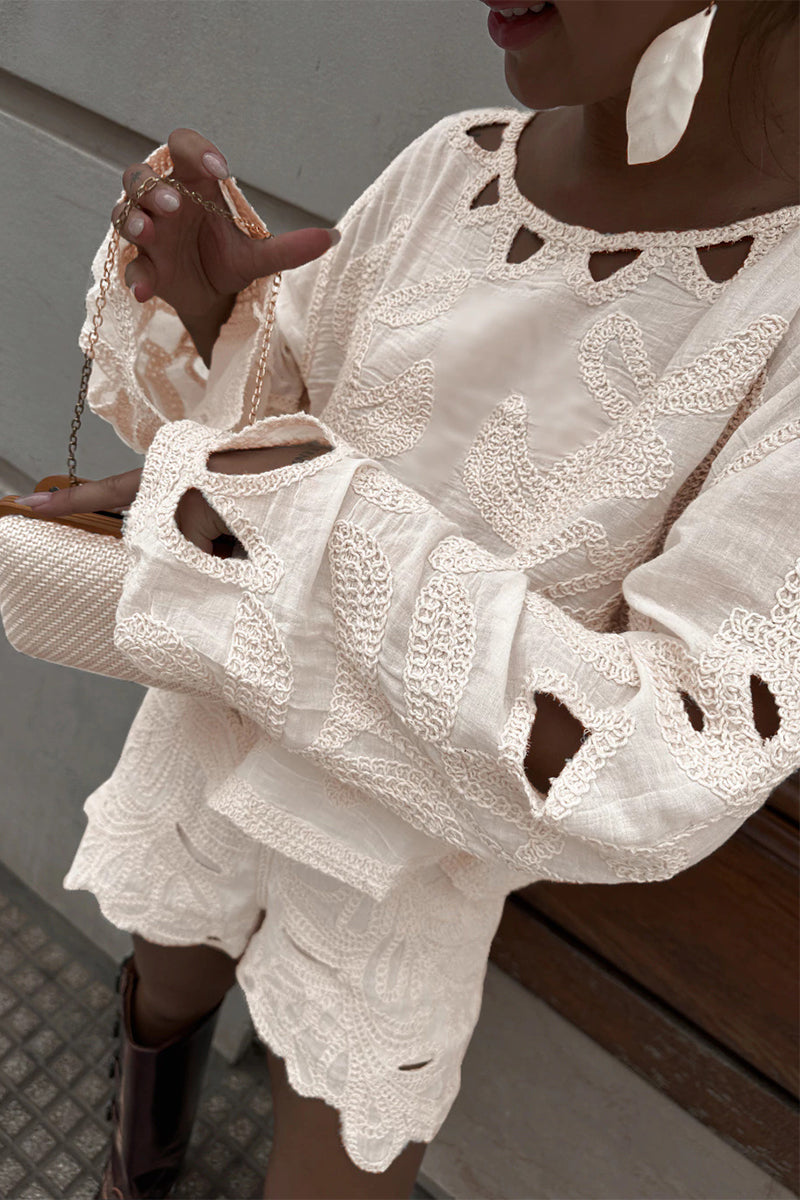 Embroidered Hollow Out O Neck Long Sleeve Two Pieces