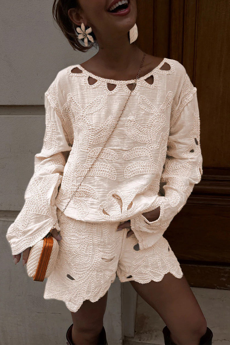 Embroidered Hollow Out O Neck Long Sleeve Two Pieces
