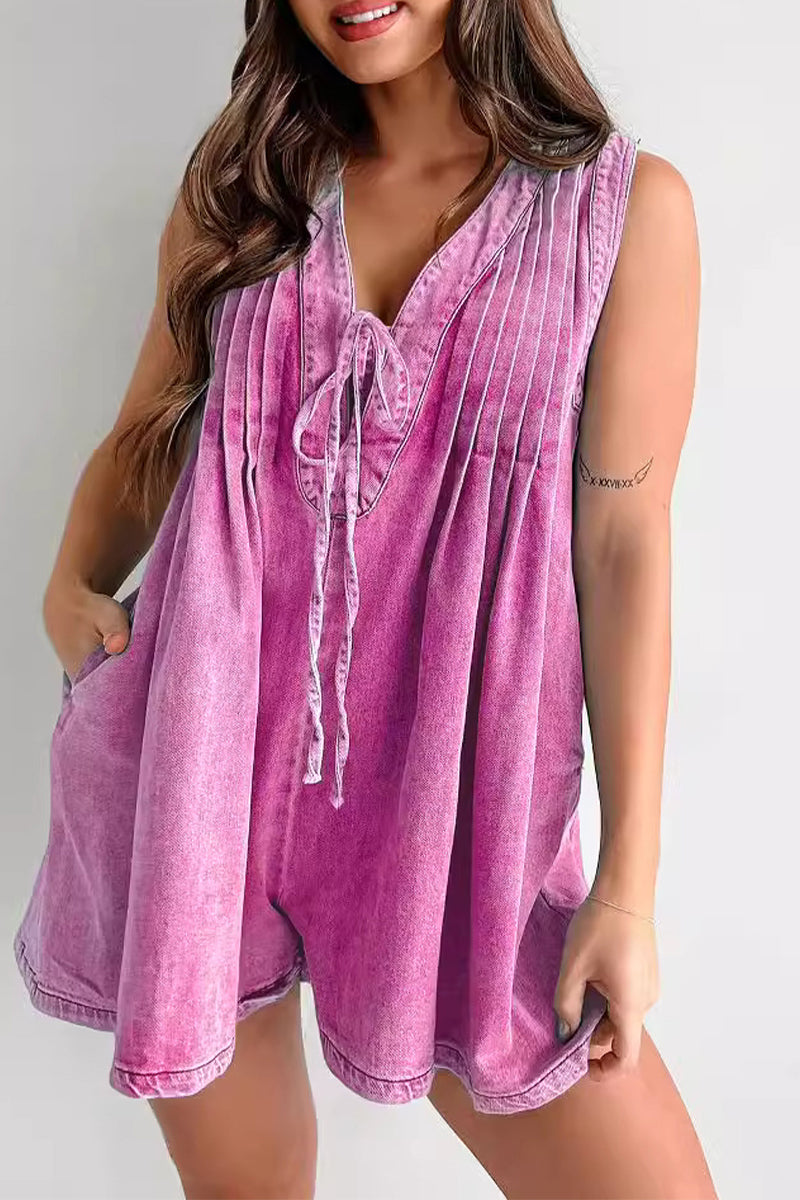 Street Pocket Lace Up V Neck Sleeveless Loose Denim Jumpsuits(9 Colors)