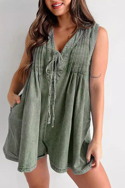 Street Pocket Lace Up V Neck Sleeveless Loose Denim Jumpsuits(9 Colors)