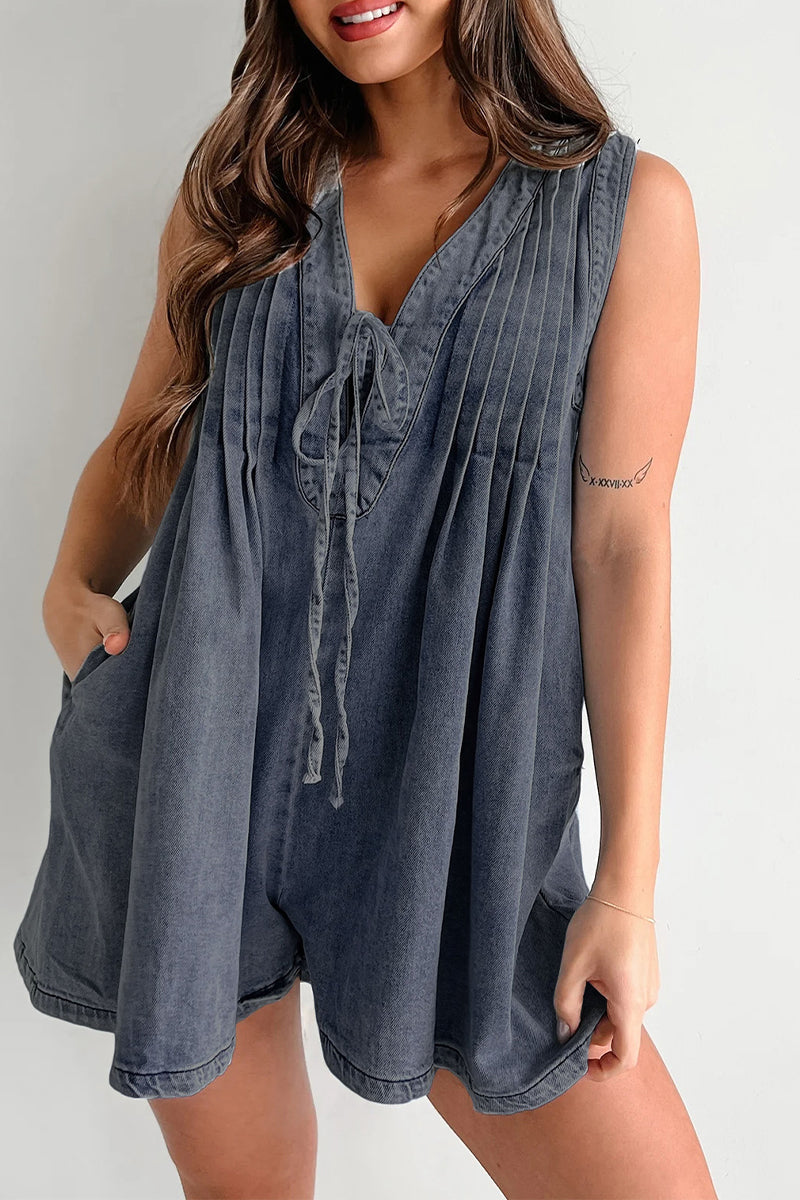 Street Pocket Lace Up V Neck Sleeveless Loose Denim Jumpsuits(9 Colors)