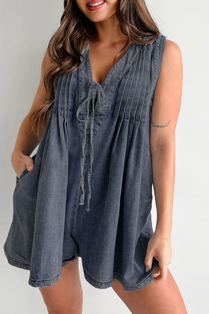 Street Pocket Lace Up V Neck Sleeveless Loose Denim Jumpsuits(9 Colors)