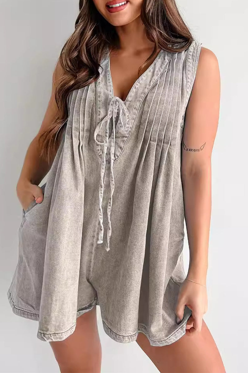 Street Pocket Lace Up V Neck Sleeveless Loose Denim Jumpsuits(9 Colors)