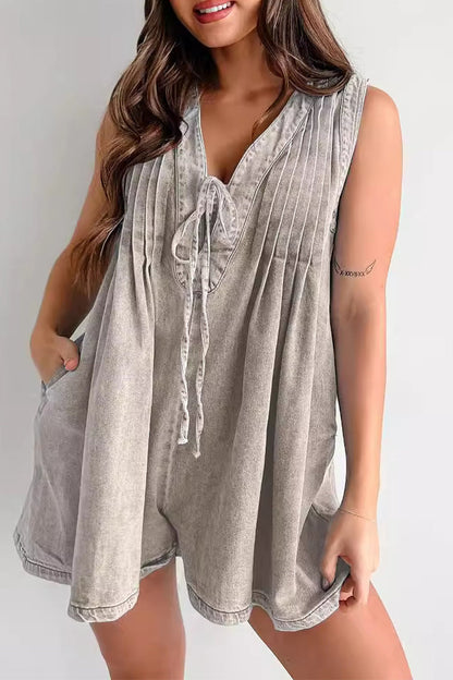 Street Pocket Lace Up V Neck Sleeveless Loose Denim Jumpsuits(9 Colors)