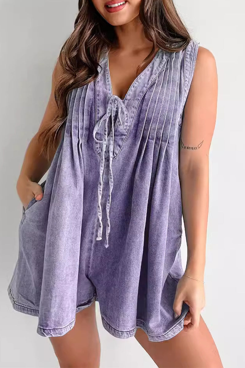 Street Pocket Lace Up V Neck Sleeveless Loose Denim Jumpsuits(9 Colors)